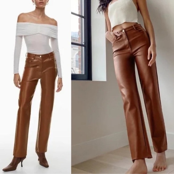 WILFRED x ARITZIA The Melina Pant High Waisted Vegan Leather Cognac Brown {P36} - Picture 2 of 12